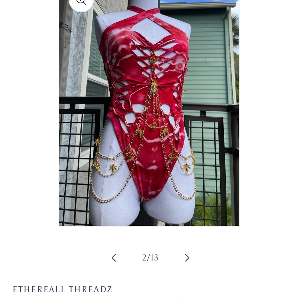 Red Bodysuit with Gold Chains